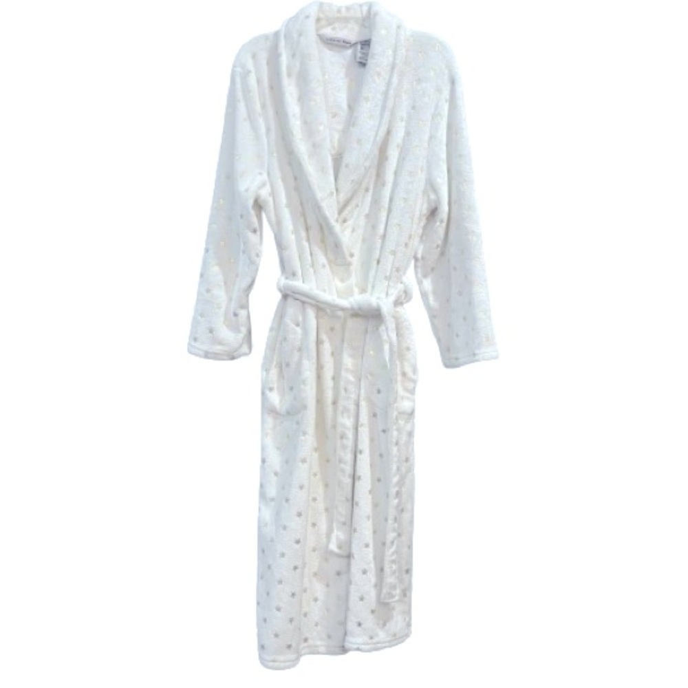 Plush Very White With Tiny Gold Stars Self-Tie Full Length Robe Two Side Pockets - Picture 7 of 7